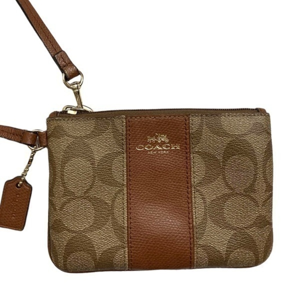 Coach brown khaki signature c coated canvas leather wristlet bag